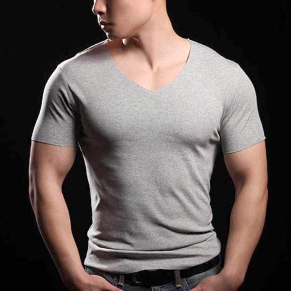 T-shirt à manches courtes Slim Fit Sexy Fitted Couture Musculation Col V Gris clair